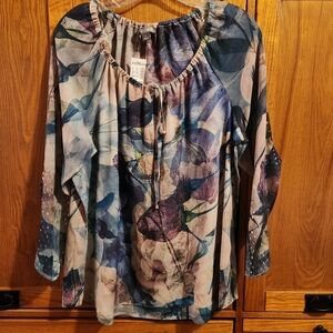 Roz & Ali Sheer Floral Ruffled Blouse in Blue Gray and Plum Tones Women's Large